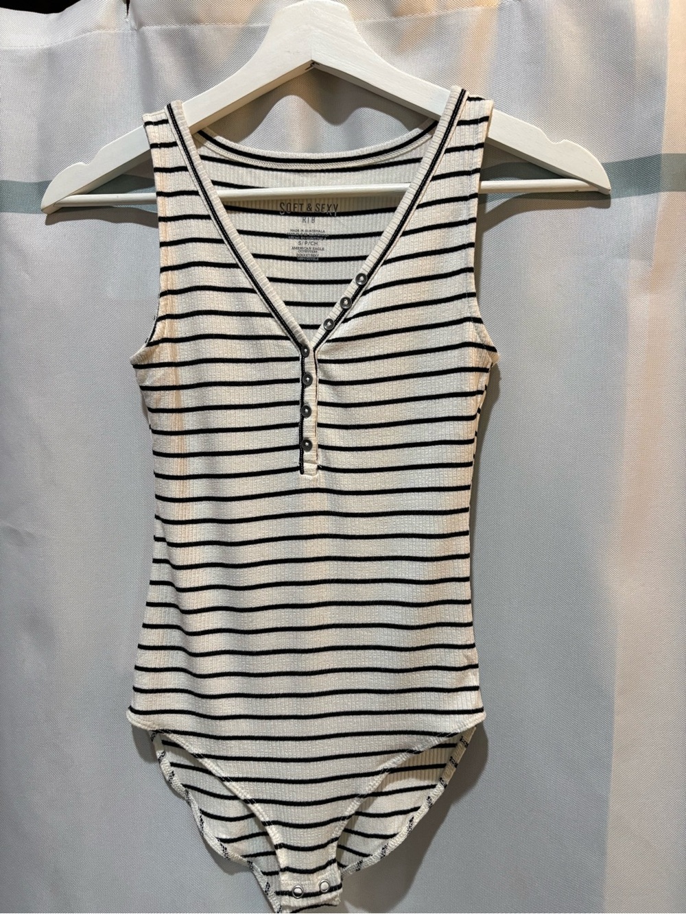 American Eagle Outfitters White and Black Striped Ribbed Henley Bodysuit
